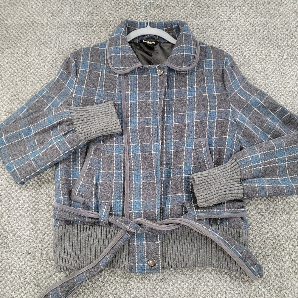 Guess Jeans Womens Grey Blue Plaid Belted Bomber Jacket Ribbed Wool Blend Large
